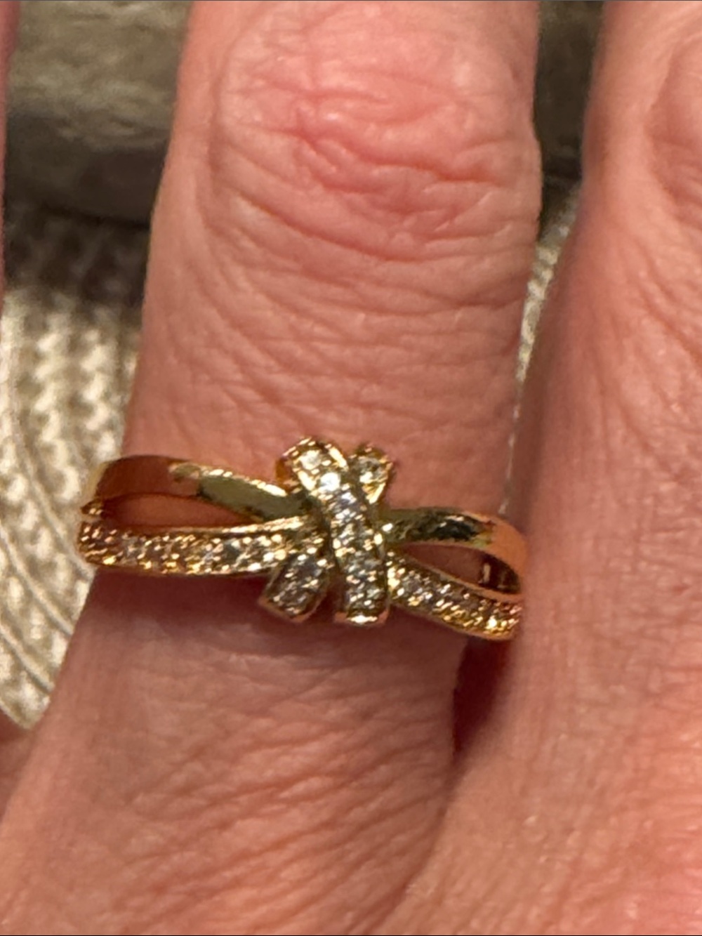 Gold-Tone over Sterling Silver Crisscross Knot Ring with Clear Stones - Picture 3 of 5